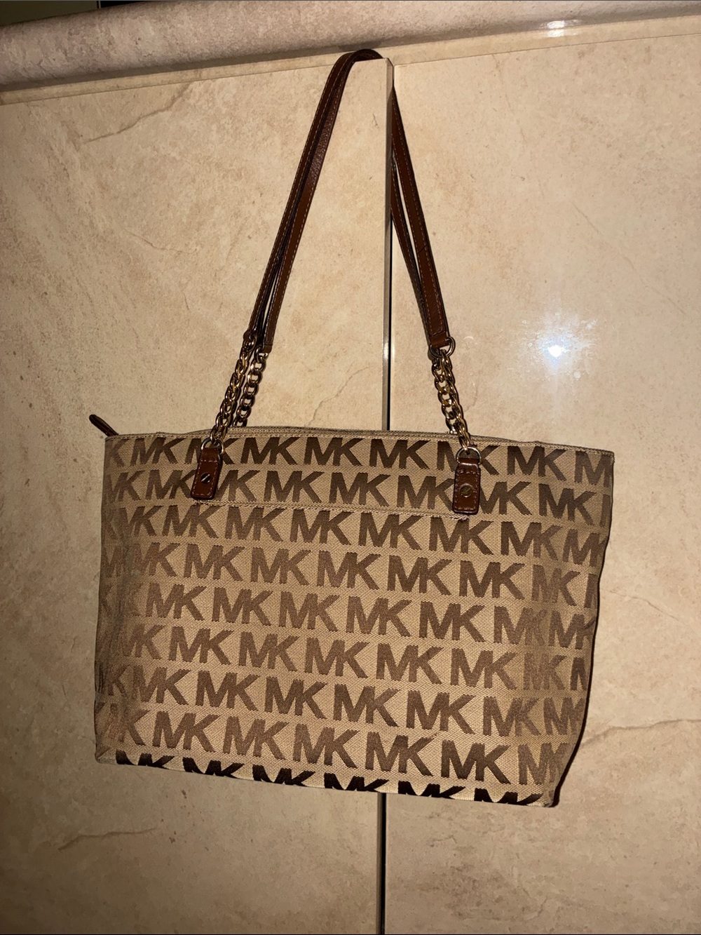 Michael Kors Tan and Brown MK Monogram Tote